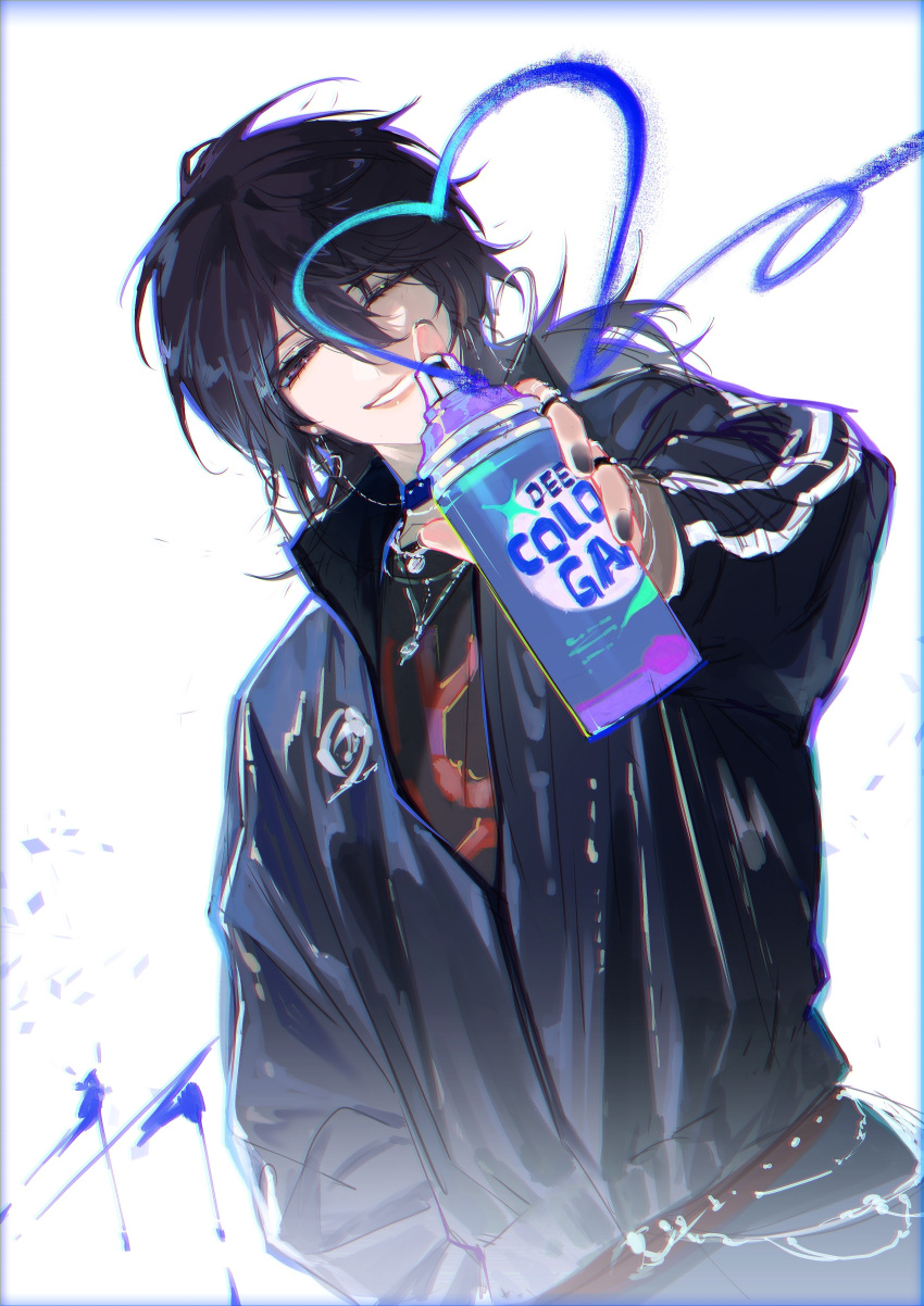 1girl, absurdres, alternate_costume, black_eyes, black_hair, black_jacket, black_shirt, blue_border