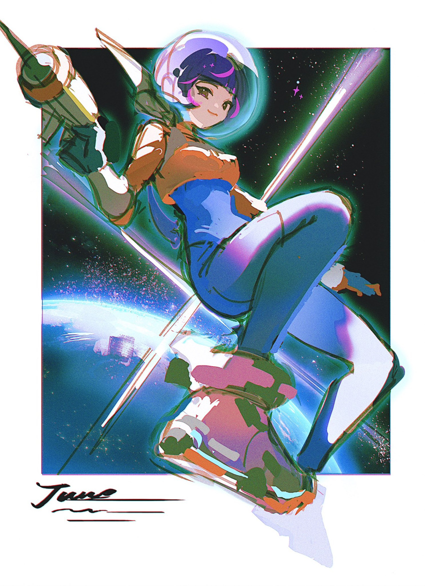 1girl, blue_pants, earth_(planet), gloves, gun, highres, holding, holding_gun