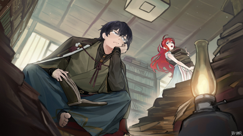 1boy, 1girl, :d, ahoge, barefoot, black_hair, book, book_stack