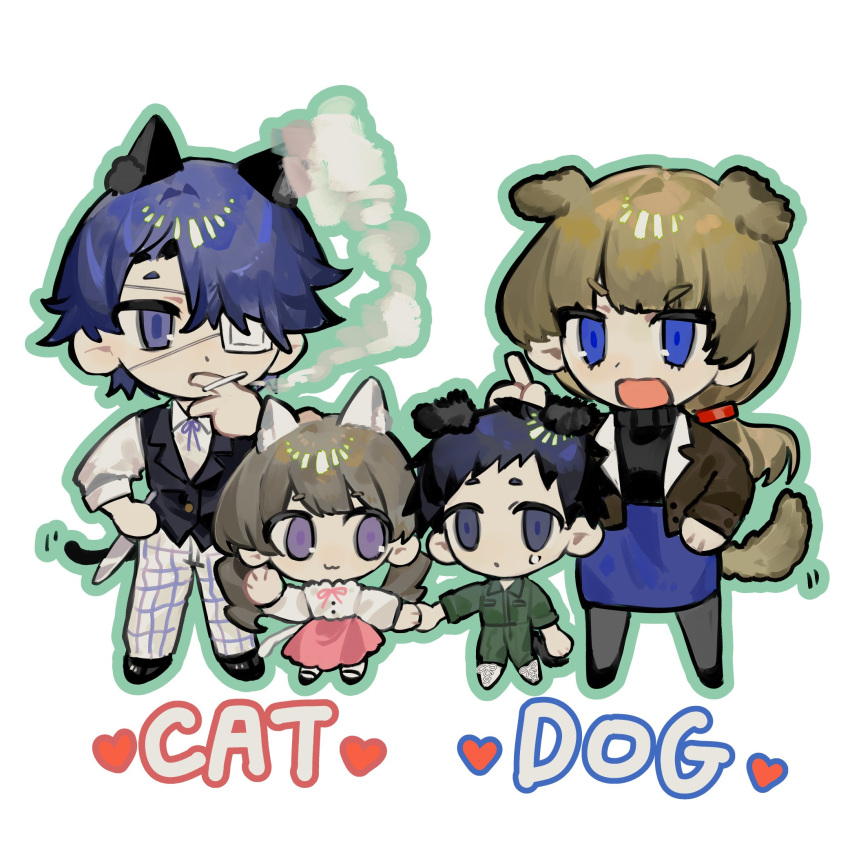 2boys, 2girls, :3, akasasachii, animal_ears, black_footwear, black_hair, black_sweater