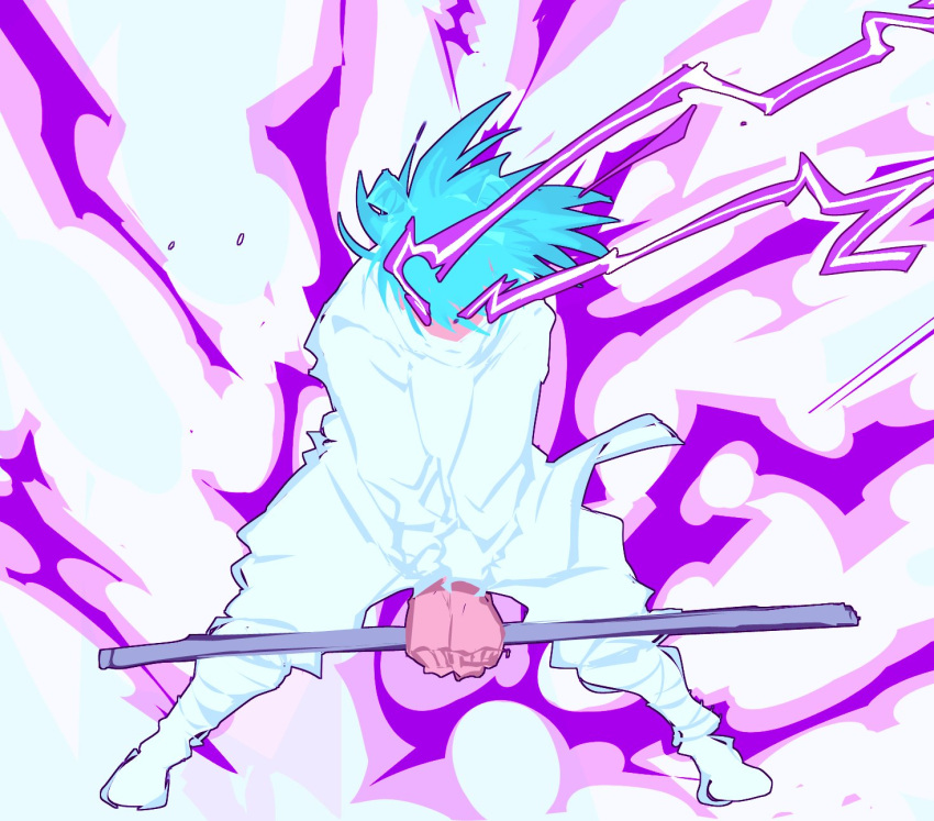 1boy, bandaged_arm, bandages, blue_hair, bo_staff, double_bun, electricity, full_body
