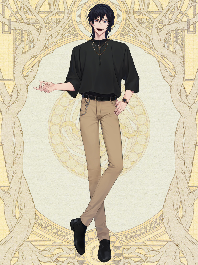 1boy, belt, black_footwear, black_hair, black_shirt, brown_pants, chain, dairoku_ryouhei, hand_on_own_hip, jewelry, medium_hair, necklace, open_mouth, oriti4, pants, shirt, solo, standing, totsuya_tomoka, watch, yellow_background