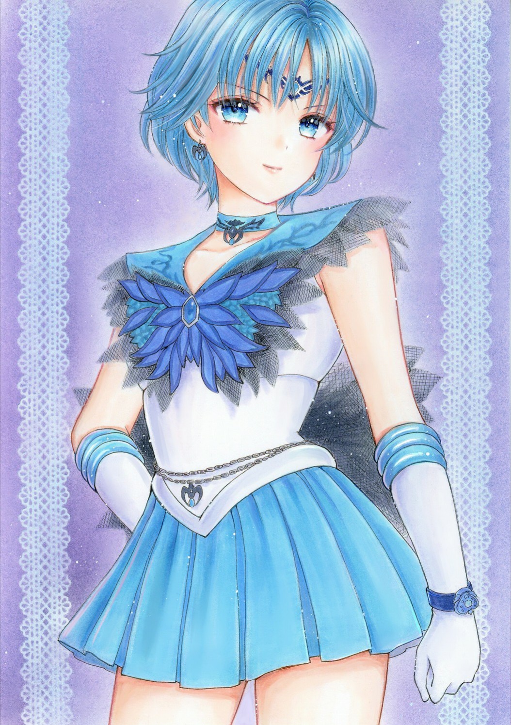 1girl, bishoujo_senshi_sailor_moon, blue_choker, blue_eyes, blue_hair, blue_sailor_collar, blue_skirt, brooch