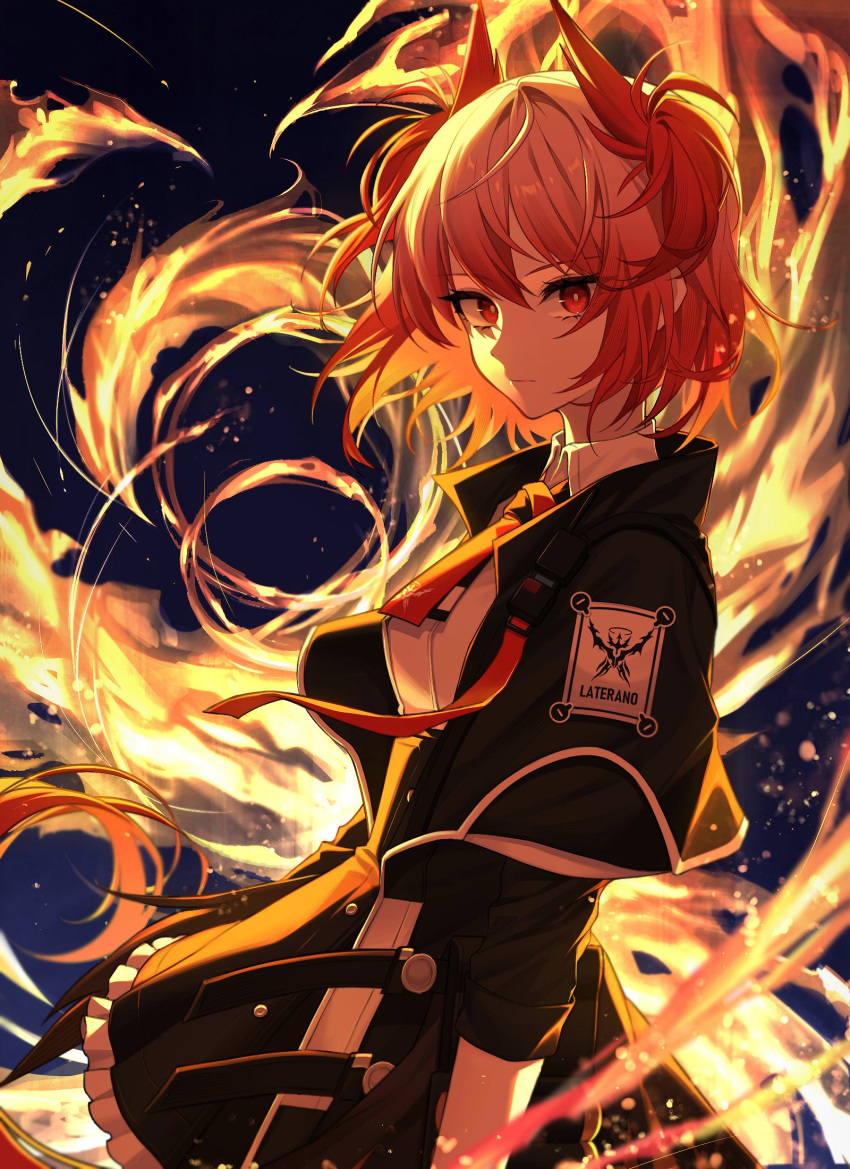 1girl, arknights, black_jacket, black_skirt, bright_pupils, closed_mouth, clothes_writing, collared_shirt, cowboy_shot, embers, etru_faufau, eyes_visible_through_hair, fiammetta_(arknights), fire, frilled_skirt, frills, hair_between_eyes, highres, jacket, laterano_logo, looking_at_viewer, necktie, red_eyes, red_necktie, redhead, shirt, short_hair, skirt, sleeves_past_elbows, solo, standing, white_pupils, white_shirt