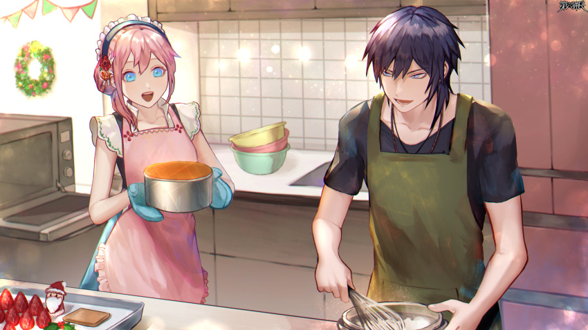 1boy, :d, apron, black_hair, blue_eyes, cabinet, copyright_name, dairoku_ryouhei