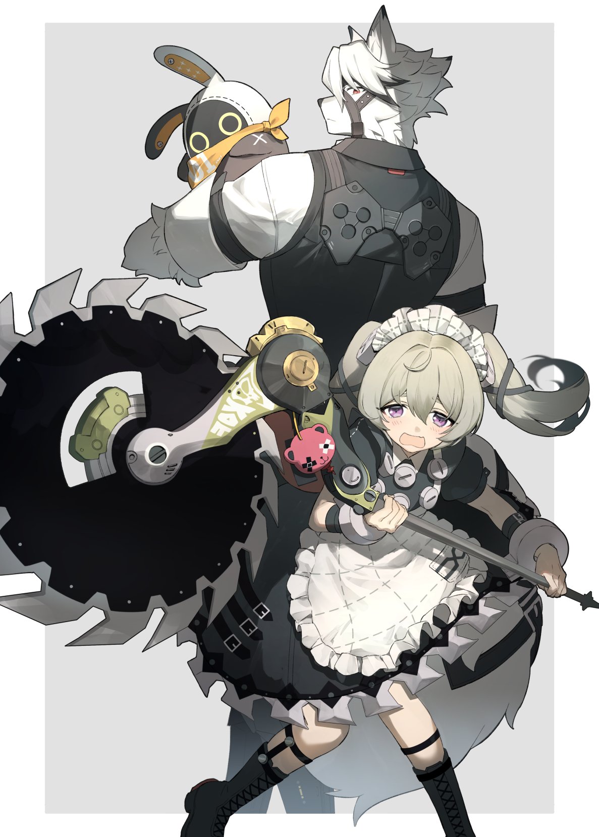 1boy, 1girl, animal_ears, apron, bangboo_(zenless_zone_zero), circular_saw, collared_vest, corin_wickes