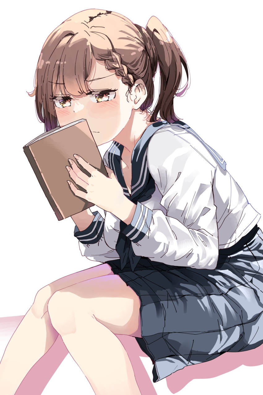 1girl, blue_sailor_collar, blue_skirt, book, braid, brown_hair, commentary, highres
