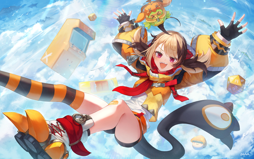 1girl, absurdres, ahoge, arcade_cabinet, arms_up, bandaid, bandaid_on_knee, bandaid_on_leg