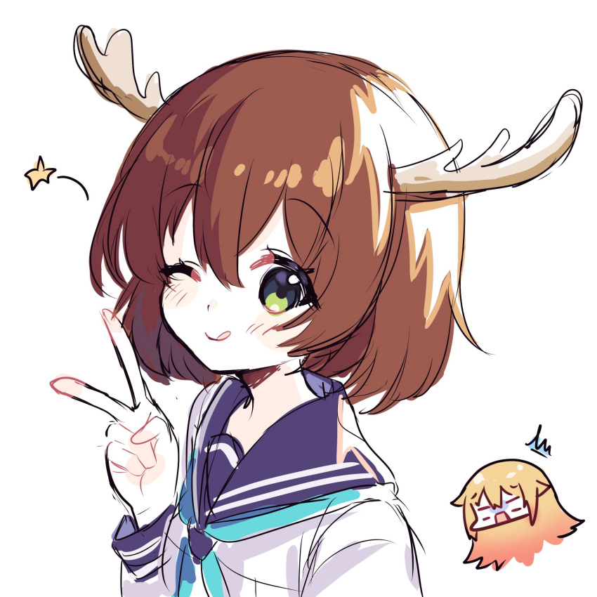 2girls, ^^^, antlers, blonde_hair, blue_neckerchief, blue_sailor_collar, brown_hair, commentary, deer_antlers, deer_girl, english_commentary, green_eyes, hair_between_eyes, highres, horns, koshi_torako, long_hair, multiple_girls, nakamira, neckerchief, one_eye_closed, pale_skin, portrait, sailor_collar, sailor_shirt, school_uniform, shikanoko_noko, shikanoko_nokonoko_koshitantan, shirt, simple_background, sketch, smile, star_(symbol), tongue, tongue_out, v, white_background, white_shirt