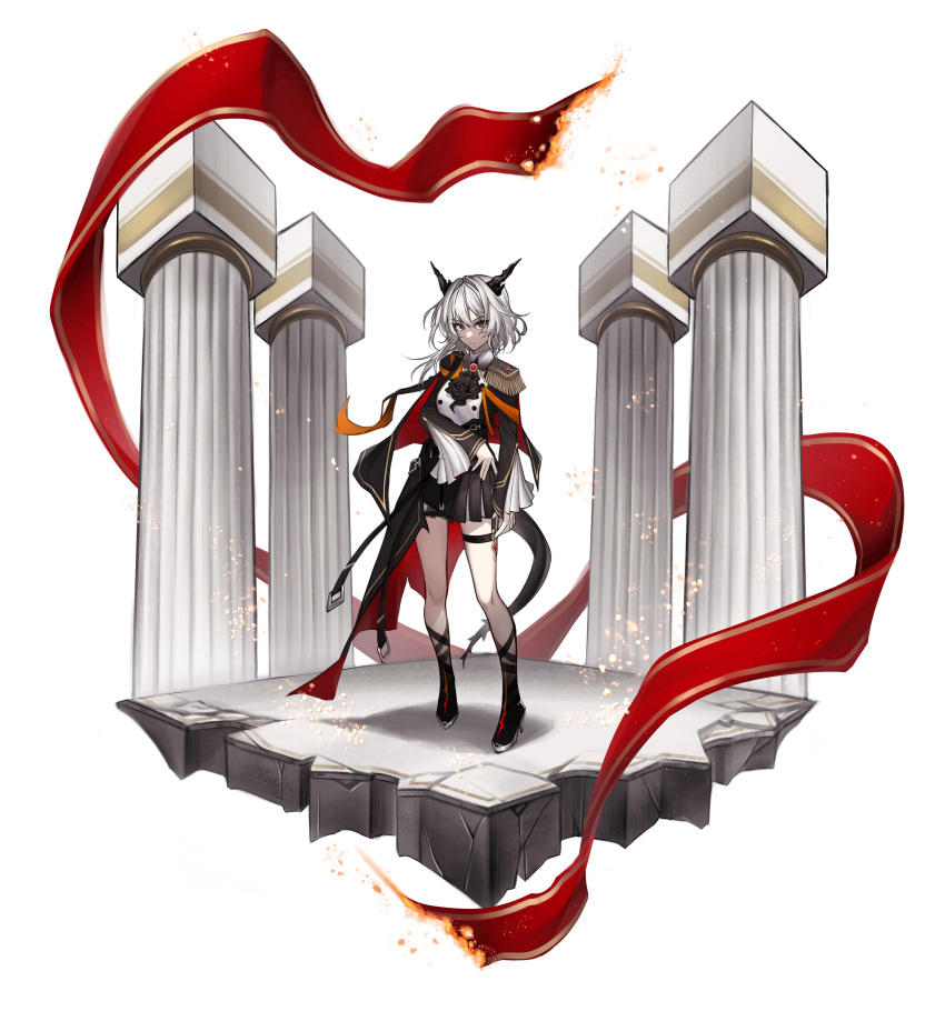 1girl, absurdres, arknights, ascot, black_ascot, black_cape, black_eyes, black_horns