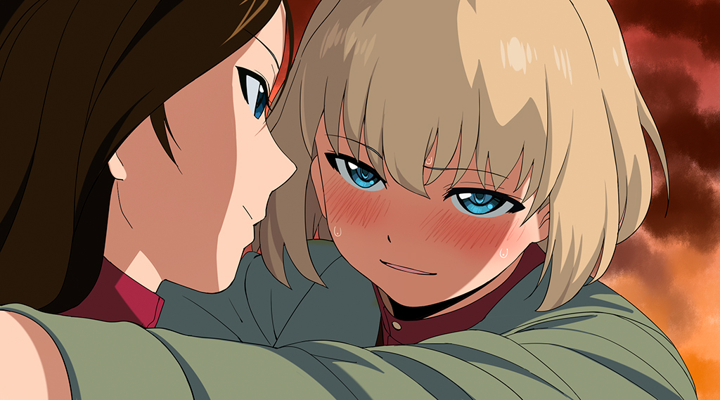 2girls, a1_(initial-g), black_hair, blonde_hair, blue_eyes, blush, commentary_request, eye_contact