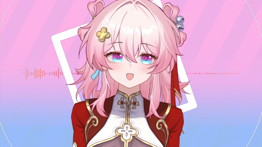 1girl, :d, bell, blue_background, blue_eyes, blush, chijiu_jo, chinese_commentary