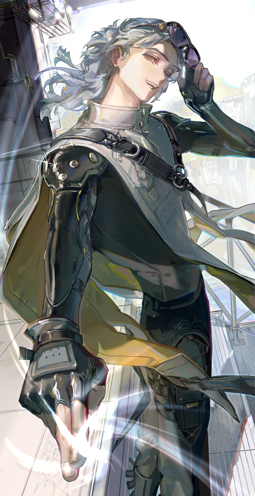 1boy, ;d, aalto_(wuthering_waves), absurdres, adjusting_eyewear, armor, black_gloves, black_pants