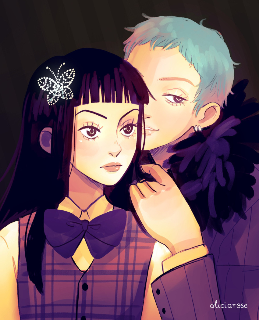 1boy, 1girl, alicia_rose, artist_name, black_hair, blue_hair, blunt_bangs, bow, bowtie, butterfly_hair_ornament, earrings, english_commentary, eyelashes, hair_ornament, hayasaka_yukari, highres, jewelry, koizumi_george, long_hair, looking_to_the_side, paradise_kiss, short_hair, sidelocks, simple_background, smirk, upper_body, vest