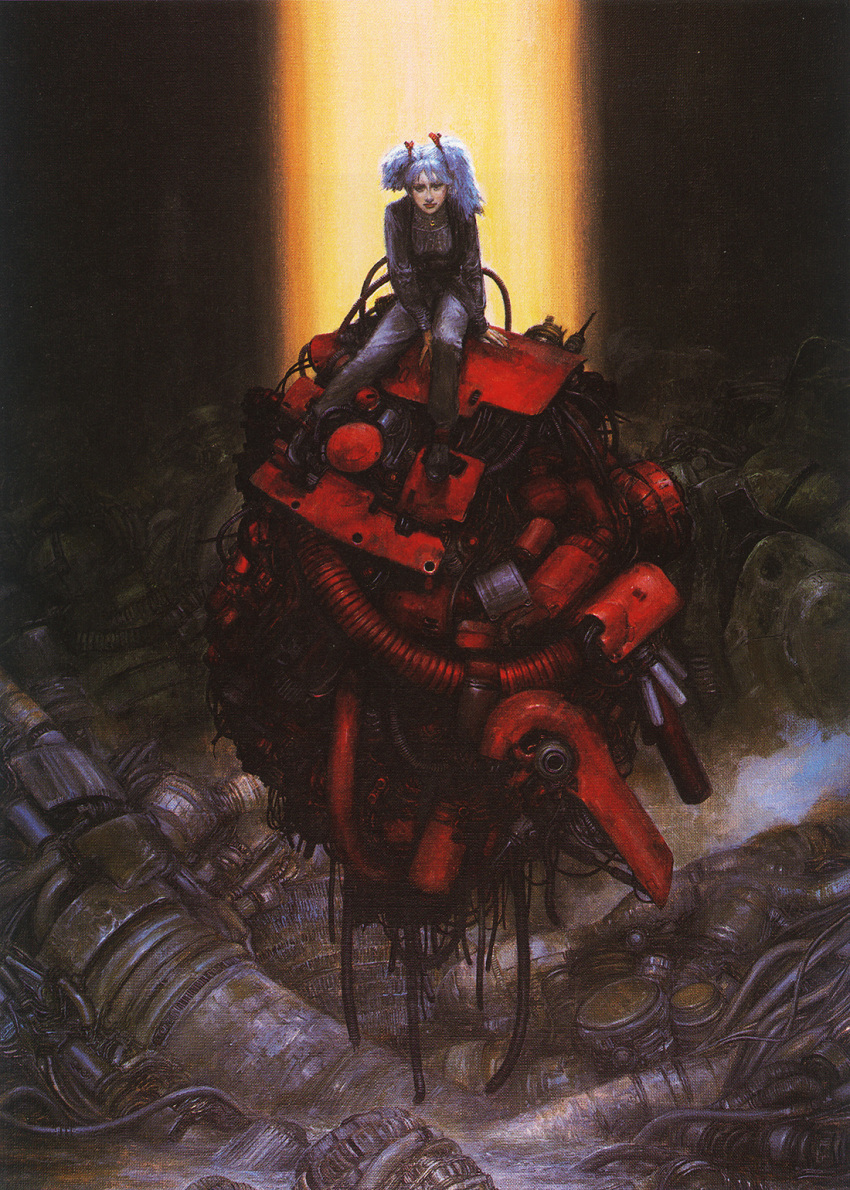 1980s_(style), 1girl, cable, char's_counterattack, damaged, dirty, geara_doga, gundam, highres, katou_naoyuki, looking_at_viewer, machinery, mecha, mobile_suit, neo_zeon, official_art, painting_(medium), promotional_art, quess_paraya, realistic, retro_artstyle, robot, sazabi, science_fiction, sitting, traditional_media, uniform, when_you_see_it, wreckage