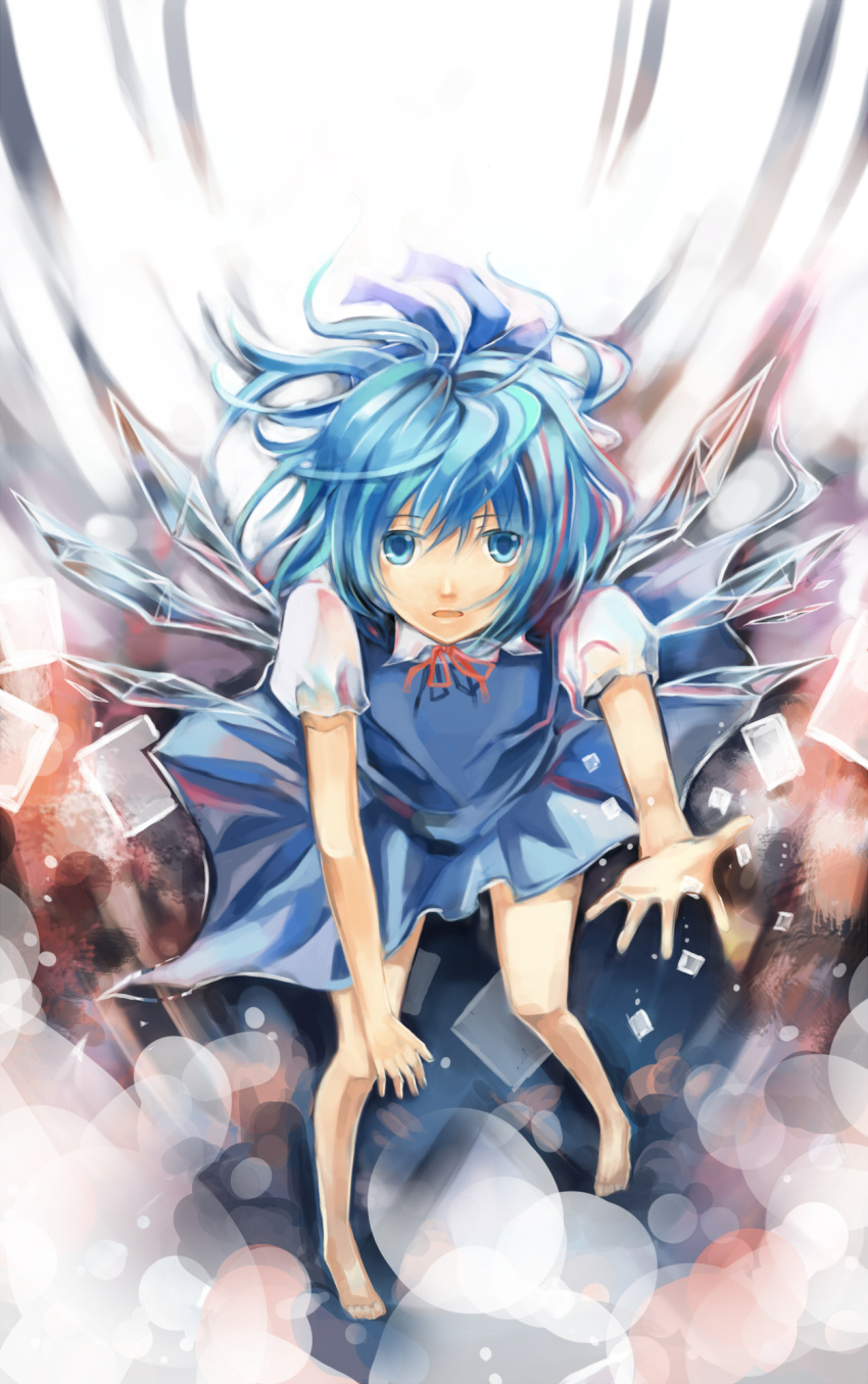 bad_id, barefoot, blue_eyes, blue_hair, bow, cirno, dress, hair_bow