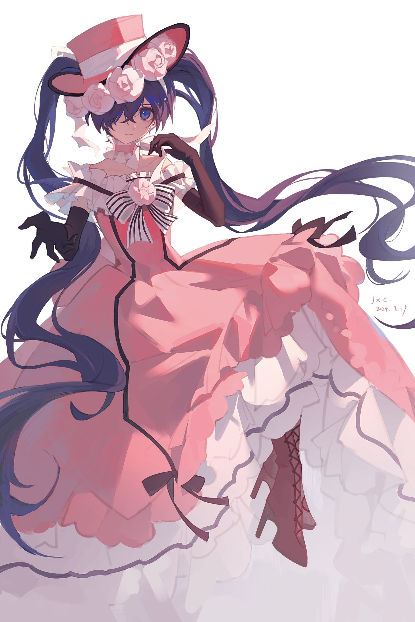 1boy, 2024, black_gloves, black_ribbon, blue_eyes, blue_hair, boots, bow, bowtie, brown_footwear, choker, ciel_phantomhive, ciel_phantomhive_(robin_dress), closed_mouth, collarbone, crossdressing, dark_blue_hair, dated, dress, elbow_gloves, flower, frilled_choker, frilled_dress, frills, gloves, hair_over_one_eye, hat, hat_flower, highres, kuroshitsuji, long_hair, looking_at_viewer, male_focus, mengweisama, otoko_no_ko, pink_choker, pink_dress, pink_flower, pink_hat, ribbon, ribbon_choker, signature, simple_background, solo, striped_bow, striped_bowtie, striped_clothes, twintails, very_long_hair, white_background, white_ribbon