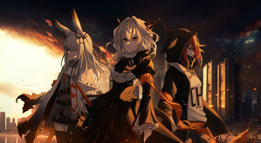 3girls, absurdres, animal_ears, arknights, armband, ascot, black_ascot, black_jacket