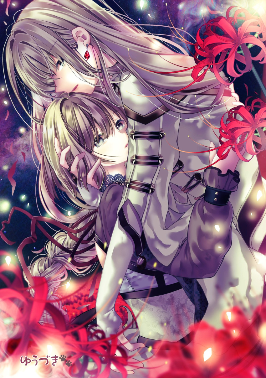 1boy, 1girl, arestear0701, bishounen, blonde_hair, blunt_bangs, blurry, blurry_foreground, braid, bridal_gauntlets, ceres_(shuuen_no_virche), couple, dangle_earrings, earrings, falling_petals, flower, gem, grey_eyes, hair_between_eyes, hand_in_another's_hair, hetero, highres, hug, jewelry, long_hair, long_sleeves, lucas_proust, petals, puffy_long_sleeves, puffy_sleeves, red_flower, red_gemstone, shuuen_no_virche, single_braid, spider_lily, upper_body, very_long_hair