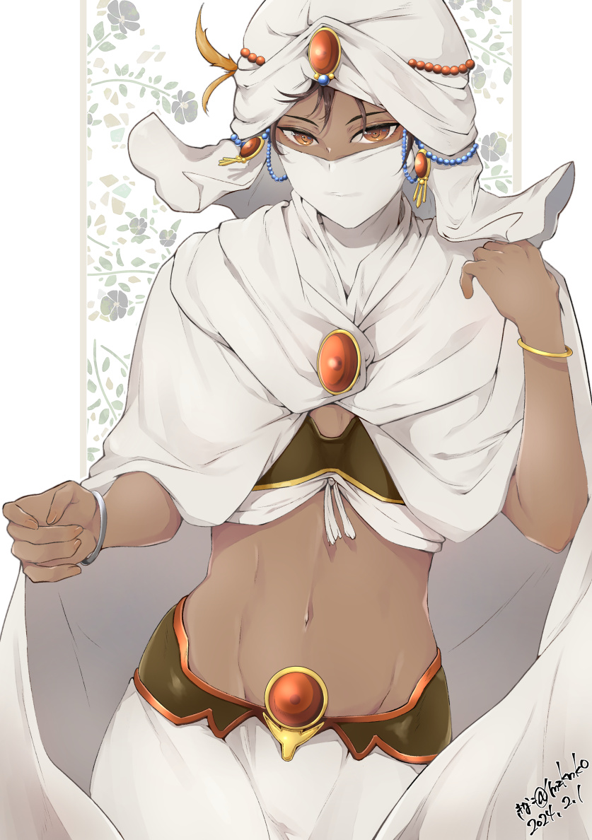 1boy, arabian_clothes, beads, bracelet, brown_hair, cape, cloak, cowboy_shot
