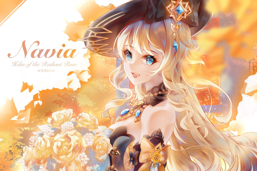 1girl, :d, artist_name, bare_shoulders, black_bow, black_hat, blonde_hair, blue_eyes