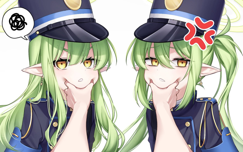 2girls, aiguillette, anger_vein, annoyed, armband, black_hat, black_jacket, blue_archive