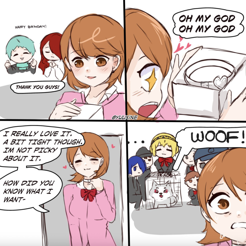 aegis_(persona), box, brown_hair, collar, comedy, dog, english_text, gift
