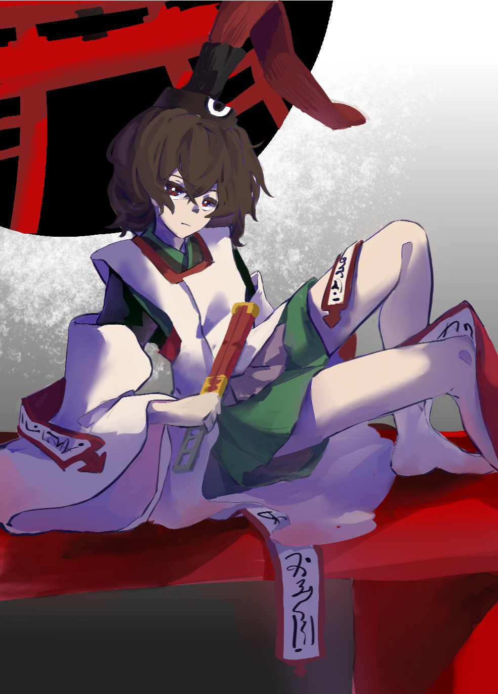 1other, androgynous, baicao_(xinjinjumin270383336882), bare_legs, black_hair, black_hat, black_kimono, circle, closed_mouth, detached_sleeves, expressionless, full_body, gradient_background, green_hakama, grey_background, hair_between_eyes, hakama, hakama_short_skirt, hakama_skirt, hat, hat_ribbon, highres, holding_rod, japanese_clothes, jinbei_(clothes), kariginu, kimono, layered_sleeves, len'en, light_frown, long_sleeves, messy_hair, ofuda, ofuda_on_clothes, other_focus, red_eyes, red_ribbon, ribbon, senri_tsurubami, short_hair, short_kimono, sitting, skirt, socks, solo, tate_eboshi, torii, white_sleeves, white_socks, wide_sleeves