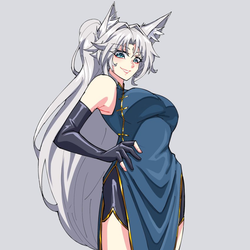 1girl, animal_ears, china_dress, chinese_clothes, dress, feixiao_(honkai:_star_rail), fox_ears, gloves, grey_hair, highres, honkai:_star_rail, honkai_(series), kokoronokoibito, kung_fu, long_hair, self-upload, smile, solo, standing