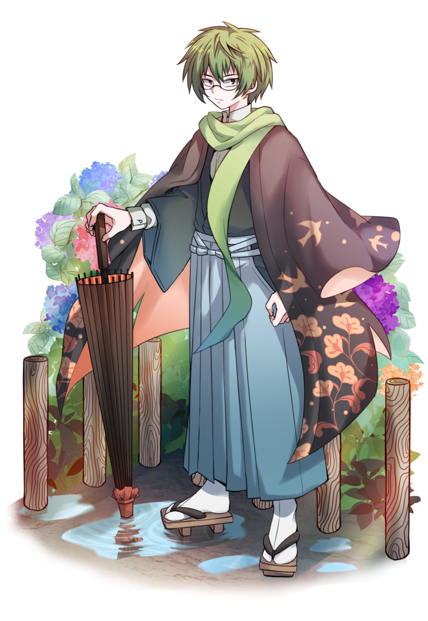 1boy, alternate_costume, black_eyes, black_kimono, blue_flower, blue_hakama, cloak, closed_mouth