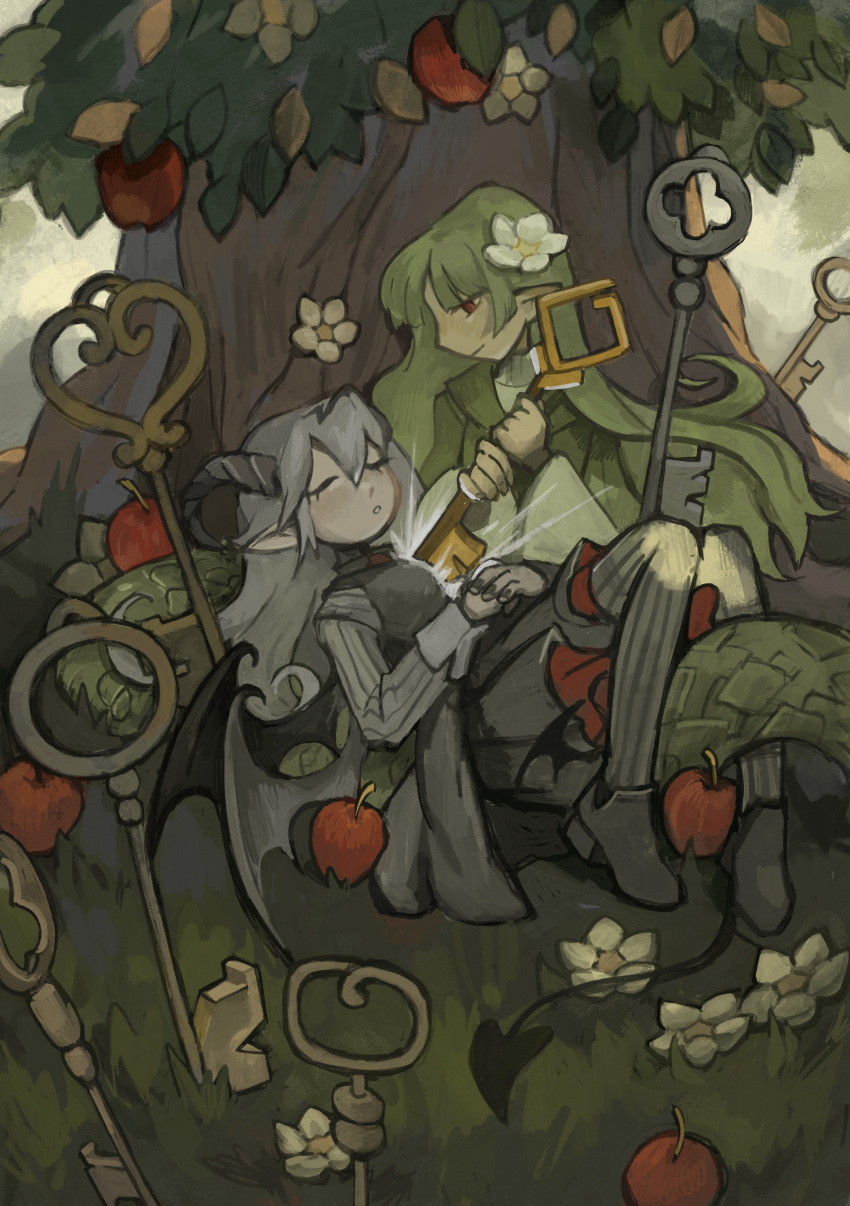 2girls, absurdres, apple, demon_girl, demon_horns, demon_tail, demon_wings, food