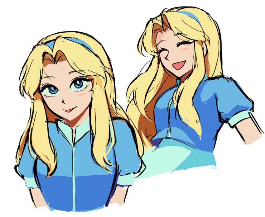 1girl, blonde_hair, blue_dress, blue_eyes, blue_hairband, blush, closed_eyes, commentary_request