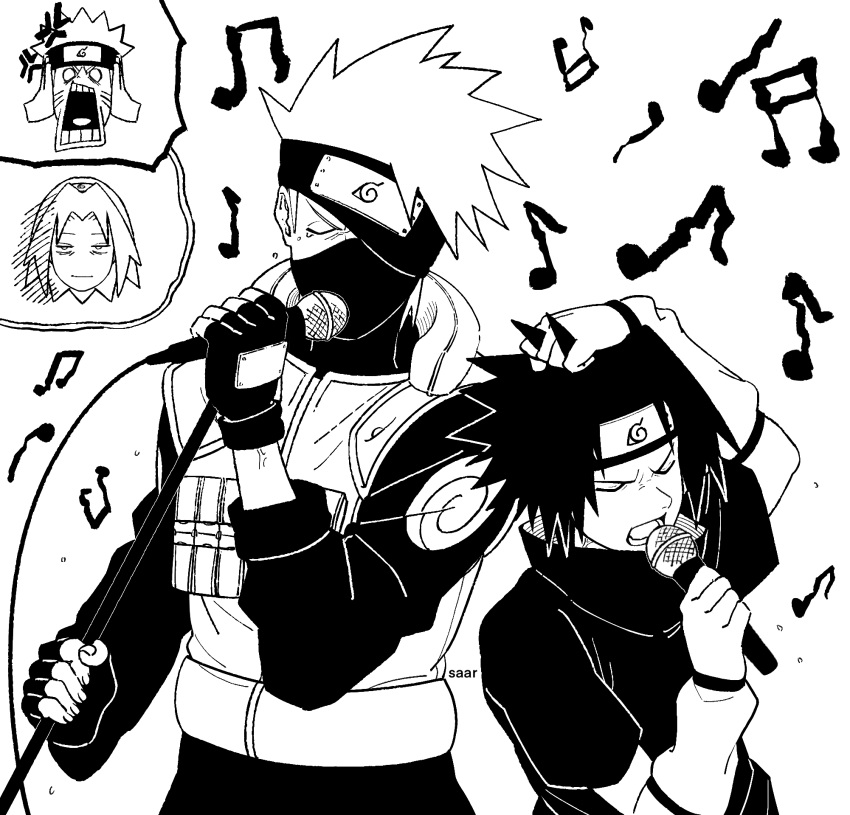 1girl, 3boys, bad_singing, closed_eyes, covered_mouth, haruno_sakura, hatake_kakashi, headband