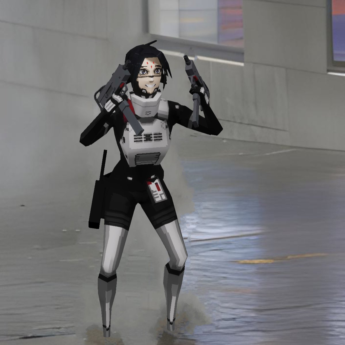 1girl, 3d, ahoge, android, armor, belt, black_hair, blue_eyes