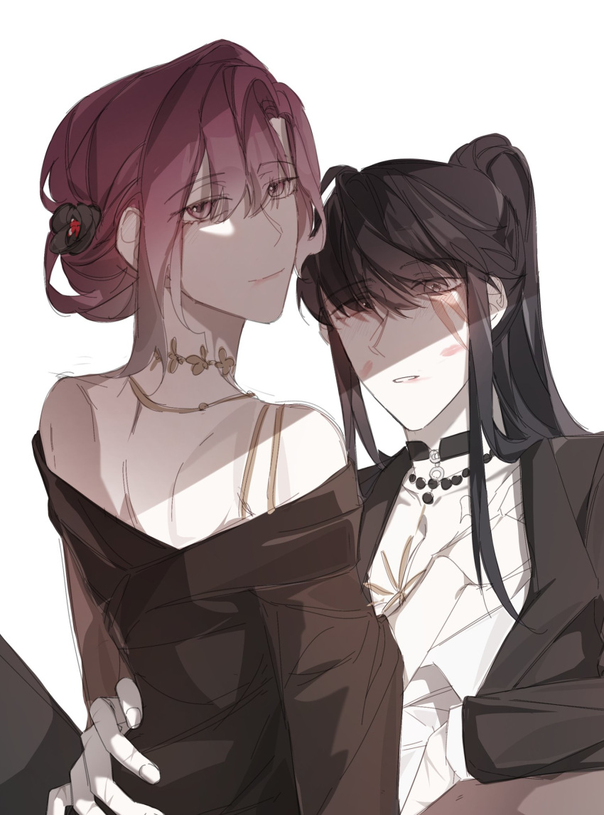 2girls, black_dress, black_hair, black_jacket, blush, closed_mouth, commentary_request, dress