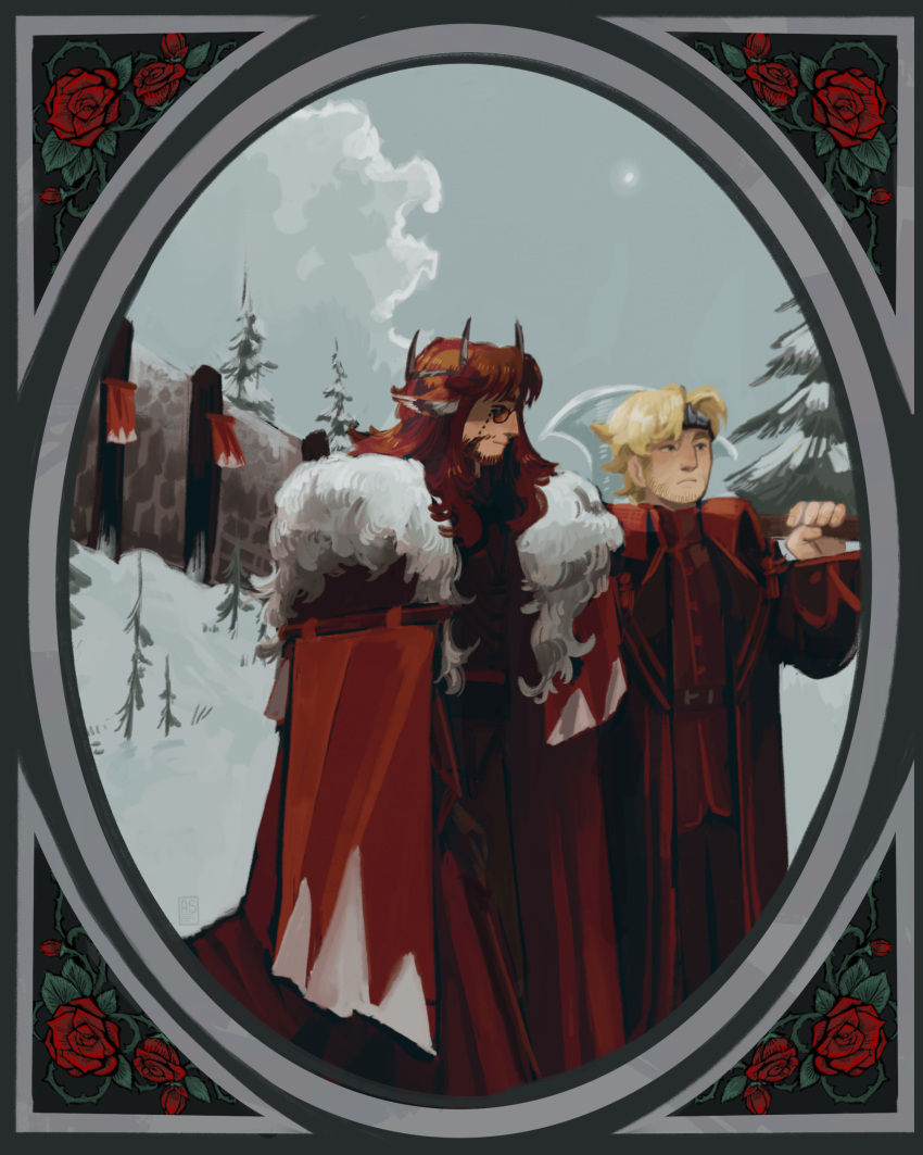 2boys, 3rd_life_smp, absurdres, animal_ears, applestruda, axe, beard, beard_stubble, blonde_hair, border, brown_eyes, brown_hair, cape, clouds, coat, commentary, crown, day, dog_ears, english_commentary, eyewear_strap, facial_hair, flag, flower, fur-trimmed_cape, fur_trim, green_eyes, grey_background, grey_border, grey_sky, headband, highres, holding, holding_axe, holding_flag, holding_weapon, inset_border, inthelittlewood, long_hair, male_focus, minecraft_youtube, multiple_boys, outdoors, pants, pine_tree, red_cape, red_coat, red_flower, red_pants, red_rose, red_shirt, red_theme, rendog, rose, shirt, short_hair, sky, snow, stone_wall, stubble, sun, sunglasses, traffic_life_series, tree, weapon, winter