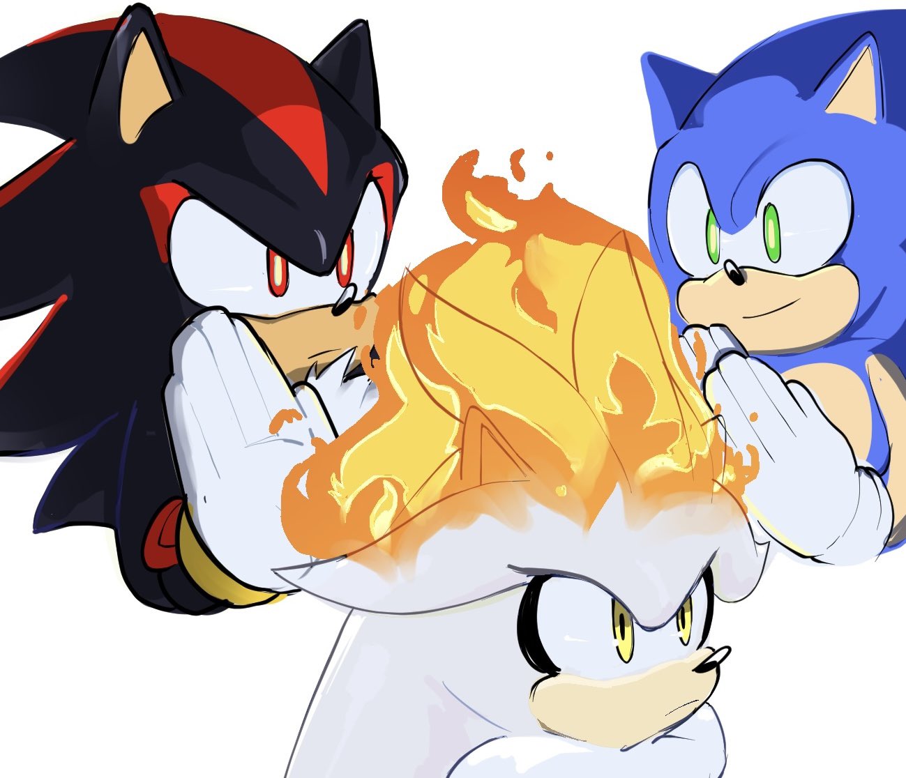 3boys, animal_ears, animal_nose, burning, burning_hair, burning_head, cadieeex3, closed_mouth