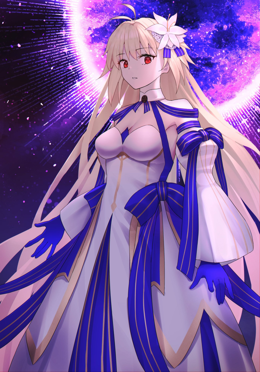 1girl, antenna_hair, archetype_earth, arcueid_brunestud, bare_shoulders, blonde_hair, blue_gloves, breasts