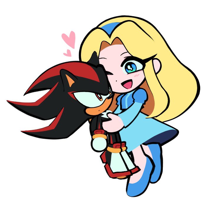 1boy, 1girl, animal_ears, animal_nose, blonde_hair, blue_dress, blue_eyes, blue_footwear, blue_hairband, blush, carrying, commentary_request, dress, full_body, furry, furry_male, gloves, hairband, heart, korean_commentary, long_hair, looking_at_another, maria_robotnik, one_eye_closed, open_mouth, red_eyes, rodka_sth, shadow_the_hedgehog, shoes, simple_background, smile, sonic_(series), white_background, white_gloves
