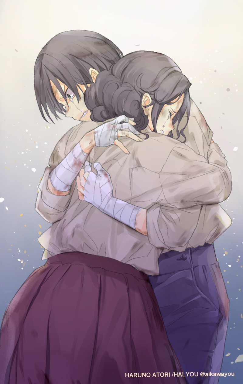 1boy, 1girl, arm_wrap, artist_name, brown_hair, brown_skirt, crying, crying_with_eyes_open