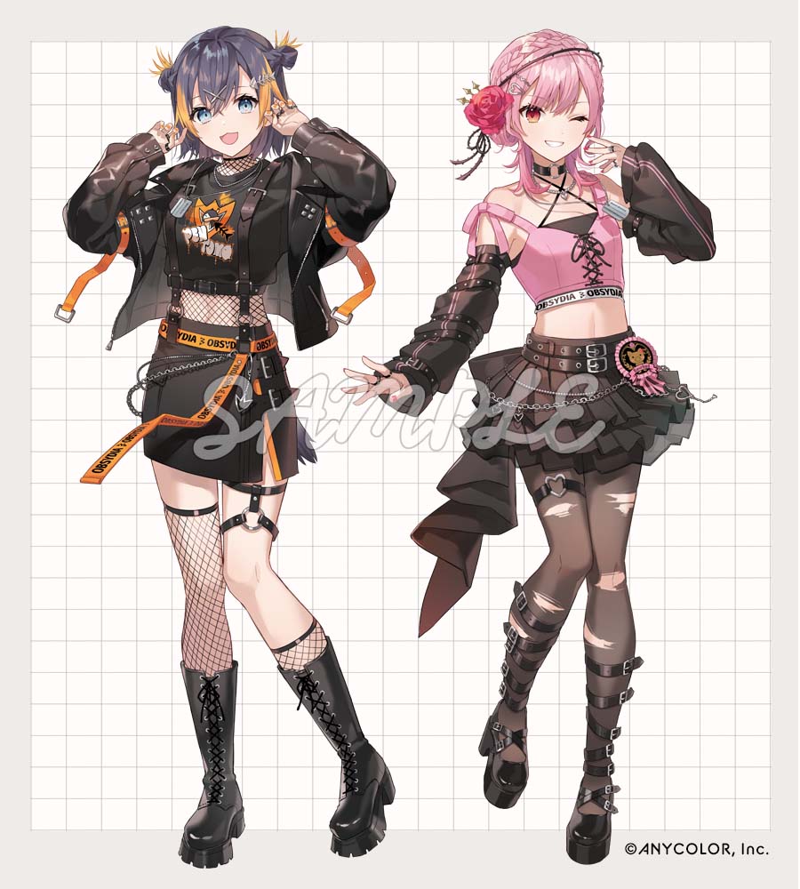 2girls, asymmetrical_legwear, belt, black_choker, black_hair, black_skirt, blonde_hair, blue_eyes