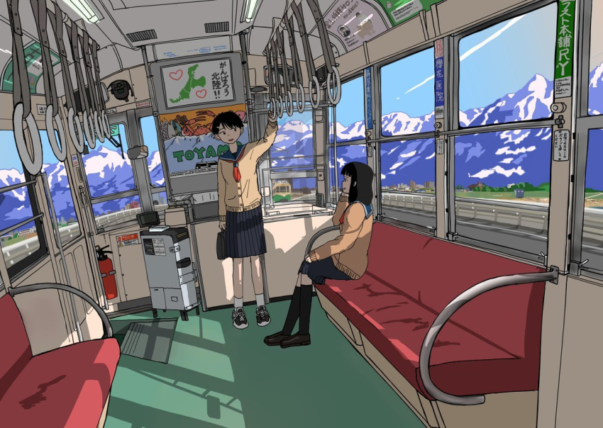 2girls, arm_up, black_footwear, black_hair, black_socks, blue_sailor_collar, blue_skirt, brown_cardigan, cardigan, commentary, day, fire_extinguisher, from_side, hand_on_own_knee, kneehighs, komejirushi28, landscape, loafers, looking_at_another, medium_hair, mountainous_horizon, multiple_girls, neckerchief, original, pleated_skirt, poster_(object), red_neckerchief, sailor_collar, school_uniform, shoes, short_hair, sitting, skirt, sleeves_past_wrists, sneakers, socks, standing, streetcar, toyama_prefecture, train_interior