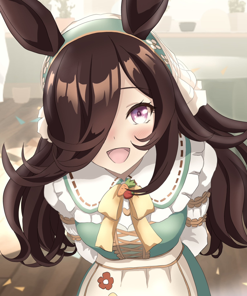 1girl, alternate_hairstyle, animal_ears, arms_behind_back, black_hair, blurry, blurry_background, blush