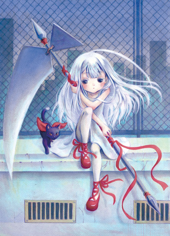 black_cat, black_cat_(animal), cat, chainlink_fence, child, city, colored_eyelashes, daniel, daniel_(shinigami_no_ballad), dress, eyelashes, fence, grey, holding, houwasekai, long_hair, momo_(shinigami_no_ballad), pantyhose, ribbon, scythe, shinigami_no_ballad, shoe_ribbon, shoes, traditional_media, white_dress, white_hair, white_legwear, wind