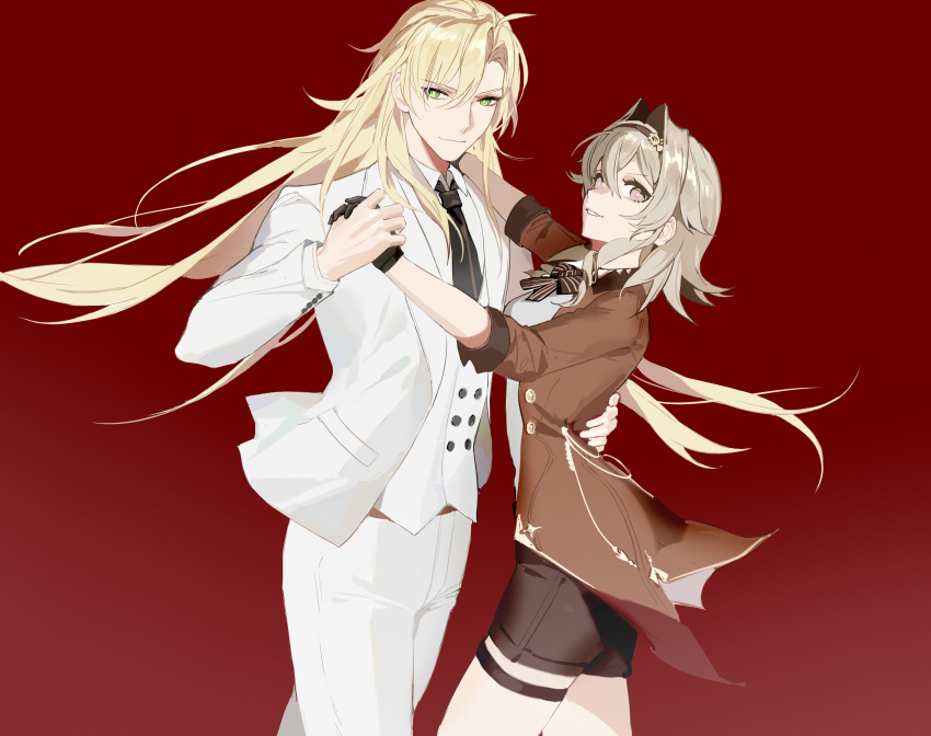 1boy, 1girl, absurdres, black_bow, black_bowtie, black_gloves, black_necktie, blonde_hair
