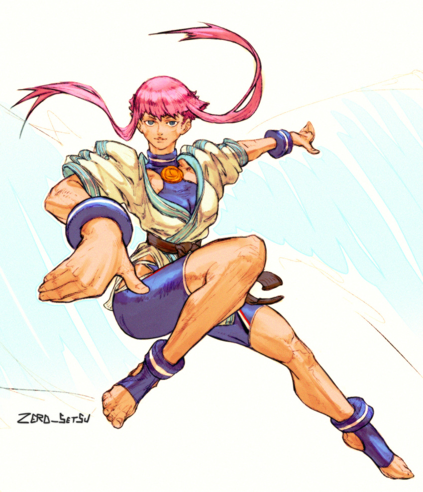 1girl, 2022, artist_name, belt, black_belt, blue_eyes, blue_leotard, capcom