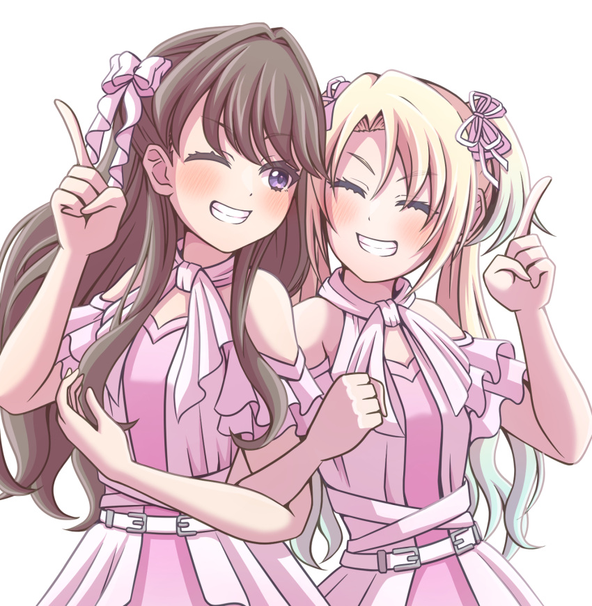 2girls, ;d, ^_^, belt, blonde_hair, blue_hair, blush, bow