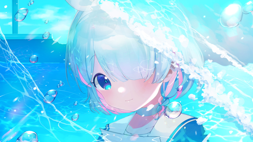 1girl, absurdres, aqua_hair, aqua_theme, arona_(blue_archive), blue_archive, blue_eyes, blue_serafuku, braid, bubble, hair_over_one_eye, highres, light_smile, looking_at_viewer, multicolored_hair, naruse_nanase, sailor_collar, school_uniform, serafuku, short_hair, solo, water, wave_print, white_sailor_collar