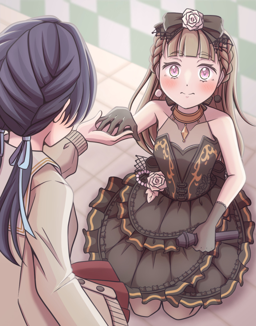 2girls, 3:, black_bow, black_dress, black_gloves, blue_hair, blue_ribbon, blurry
