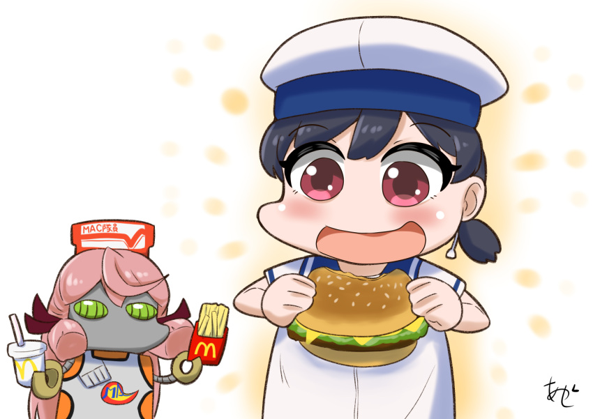 1girl, akashi_(kancolle), akashieru, artist_logo, black_hair, blue_sailor_collar, burger, dress